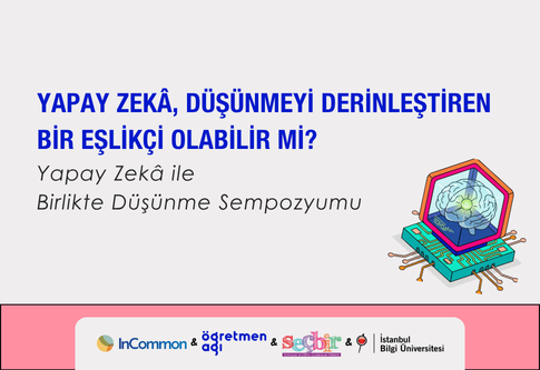 Yapay zeka ve düşünme konulu sempozyum afişi, renkli grafikler ve metin içeriyor.